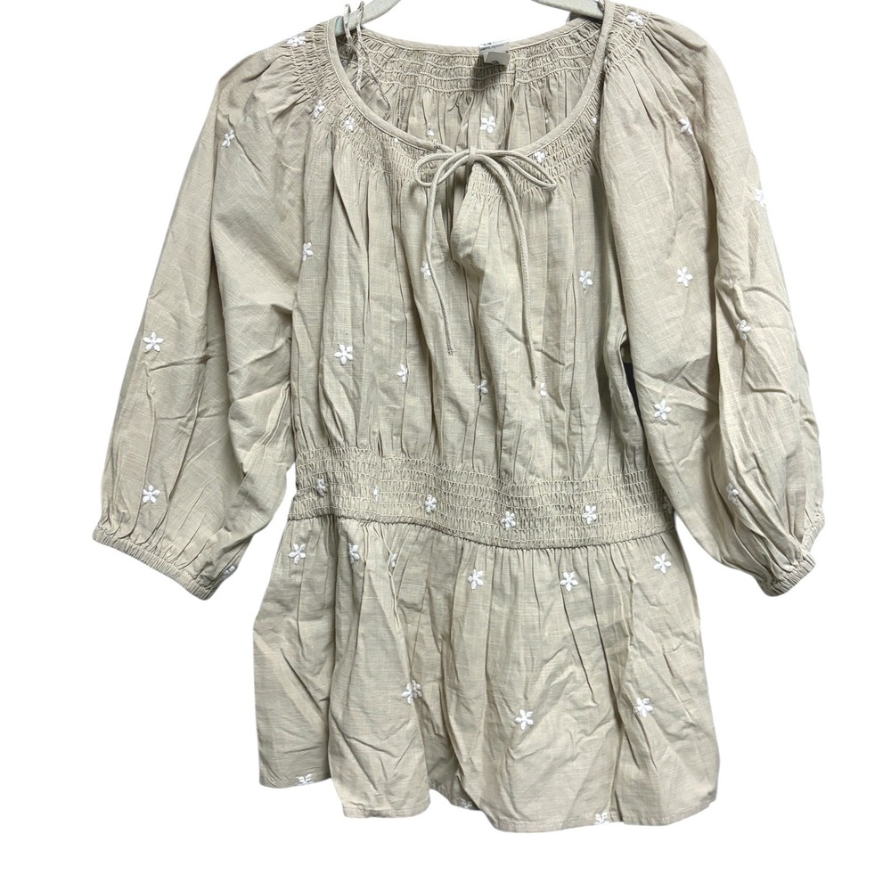 Anko Boho Embroidered Peasant Blouse Tan Floral  Smocked Waist Cotton 14